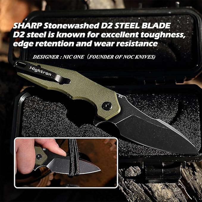 Hightron Mini Ventura Flipper Pocket Knife, 2.85" D2 Blade and Ergonomic G10 Handle, EDC Folding Knives for Camping Survival Hiking tool for Men Women (Green-B)