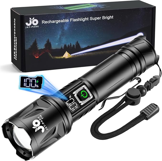 JAY-PARK High Lumen Flashlight - 10000 Lumens, Rechargeable 5000mAh with LCD Display, Zoomable Long Beam (3000m), IP67 Waterproof, 5 Modes & Belt Clip - for Camping, Dog Walking