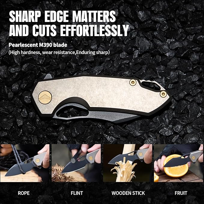 Folding Knife pocket knife EDC Knife With Clip Survival knife Camping knife - M390 Steel Titanium Handle - Outdoor Camping Survival Hunting knife with Sheath (Bronze)