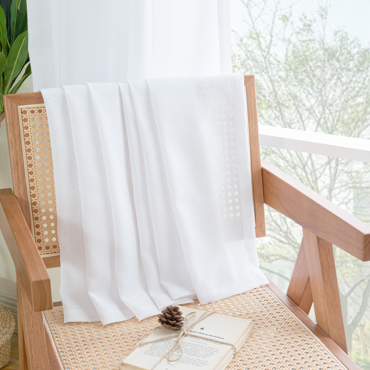 White Linen Curtains 36 Inch Length for Kitchen Window Over Sink (2 Count)
