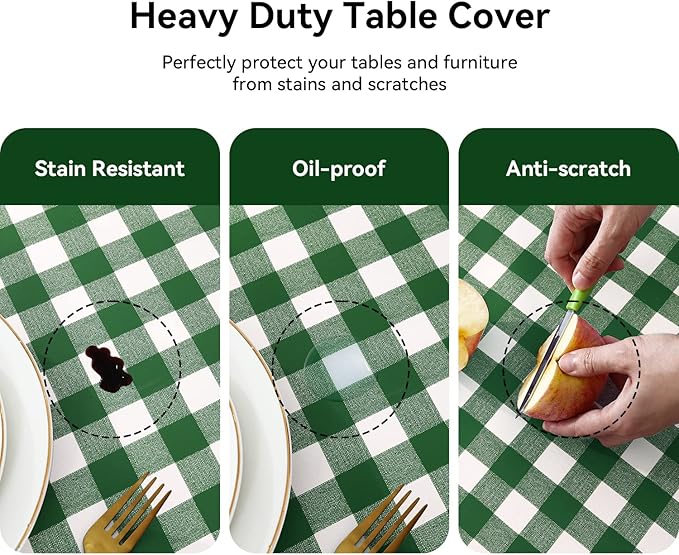 Romanstile Square Vinyl Tablecloth, 100% Waterproof Buffalo Gingham Plastic Table Cloth, Heavy Duty Wipeable Checkered Table Covers for Outdoor, Camping, Picnic, Patio - 54 x 54, Green and White