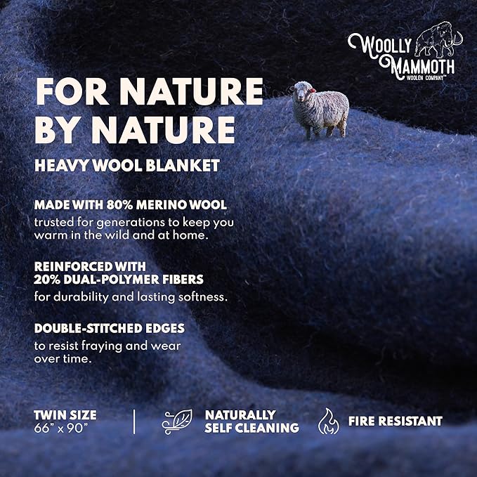 Woolly Mammoth Woolen Company Merino Wool Camping Blanket - 66" x 90", Navy Blue - Compact Design & Hunting Essentials - Heavyweight Insulation & Wool Throw Blanket - Solid Pattern & Bedroll Use