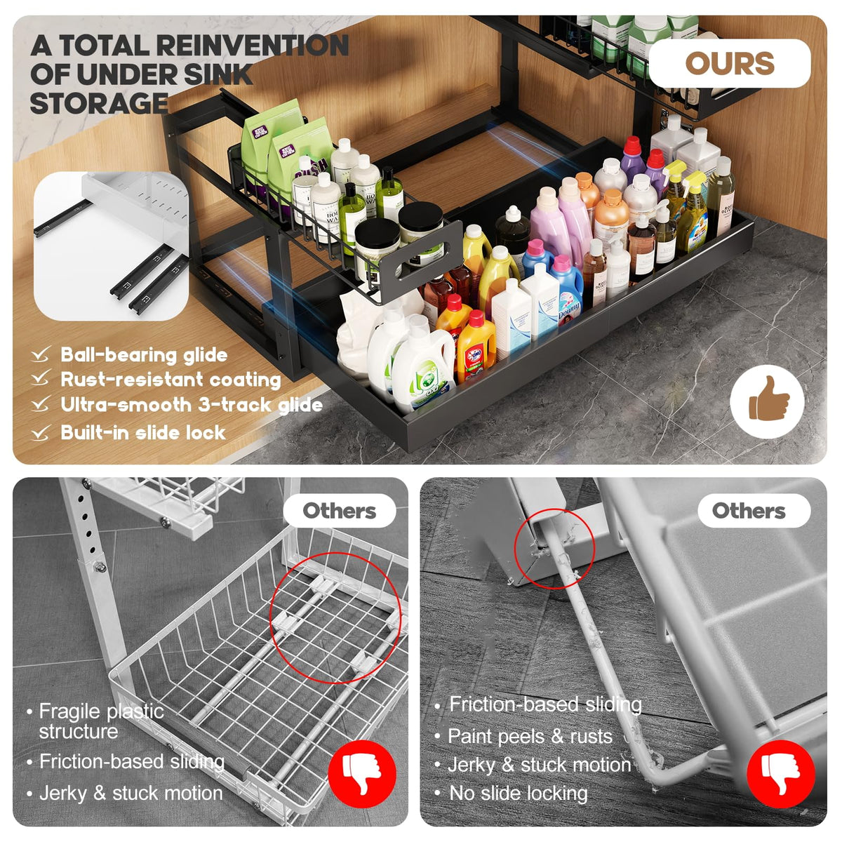 1 Pack-19"-32"W Expandable Under Sink Organizer With Upgrade Ball-Bearing Slide,2-Tier Pull Out Under Cabinet Organizer Height Adjustable,Not Suitable For Cabinets With Partitions In The Middle