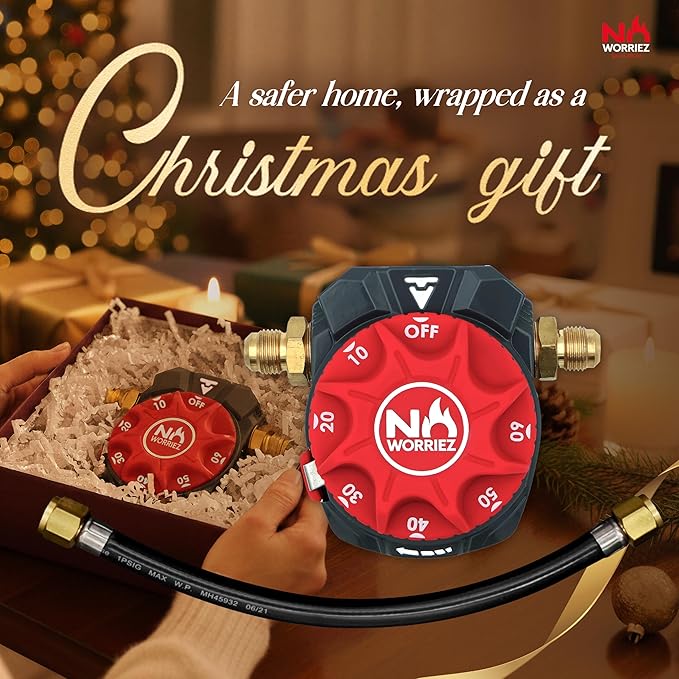 NO WORRIEZ Bypass Safety Auto Shut-Off Gas Timer for Propane & Natural Gas | Outdoor Grill, Fire Pit, Pizza Oven | – 100,000 BTU w/ 3/8" Flared Connector & Hose, Patent Pending