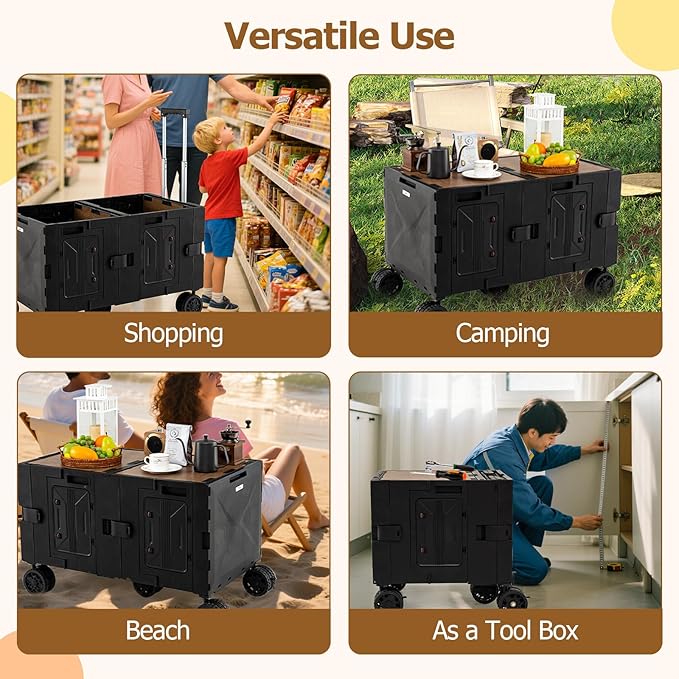 Goplus Large Foldable Utility Cart w/ 2-Tier Storage Crates, 5 Rotate Wheels, Metal Telescoping Handle, Portable Rolling Trolley Collapsible Cart for Grocery Shopping Camping & Travel