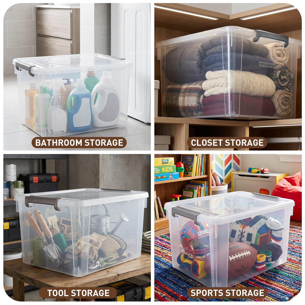 58.1 QT Plastic Storage Bins with Latching Lids Stackable Storage Containers for Organizing Large Clear Storage Box for Garage (4 Count)