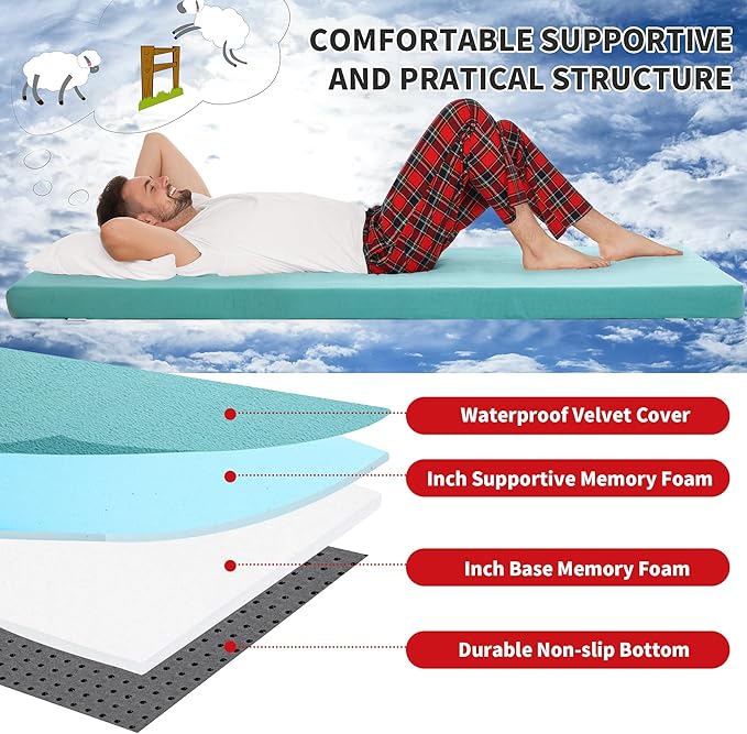 HOMBYS 3 INCH Thick Waterproof Memory Foam Camping Mattress for Outdoor Sleeping, Portable Roll Up Mattress Pad Mat for Travel Truck Bed Tent