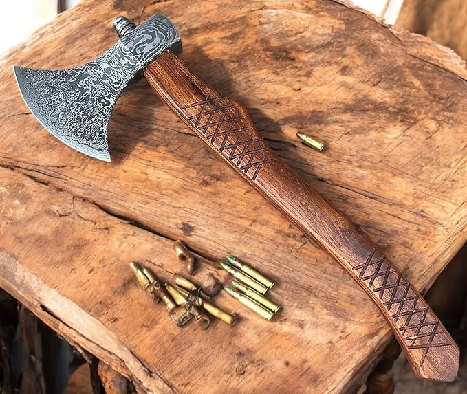AX-7000 Custom Gift Forged Damascus Steel Vintage Axe with Rose Wood Shaft, Viking Bearded Camping Axe (AX-7000) (AX-8194)