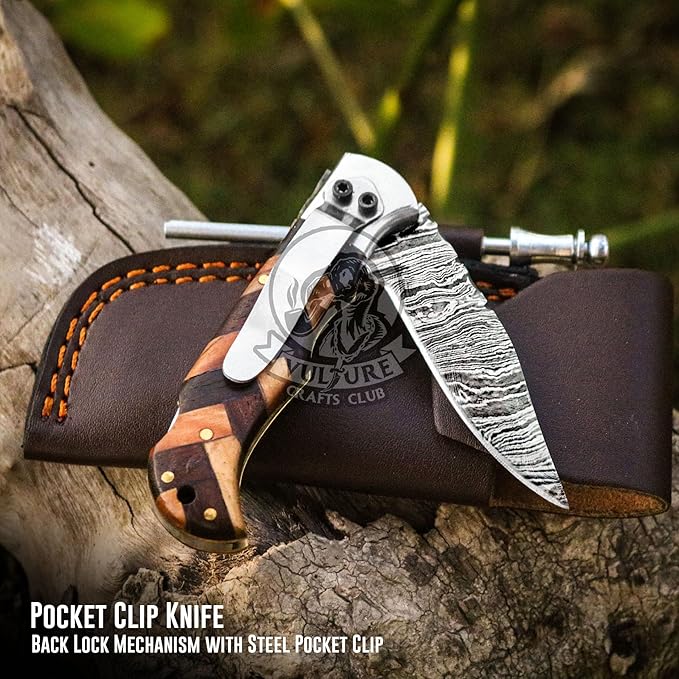 Damascus Pocket Knife for Men Handmade - 6.5 Inches Damascus Folding Knife with Sheath -Ideal for Him as an Anniversary Present - Best for EDC - Camping and Hiking - Pocket Knives with Back Lock
