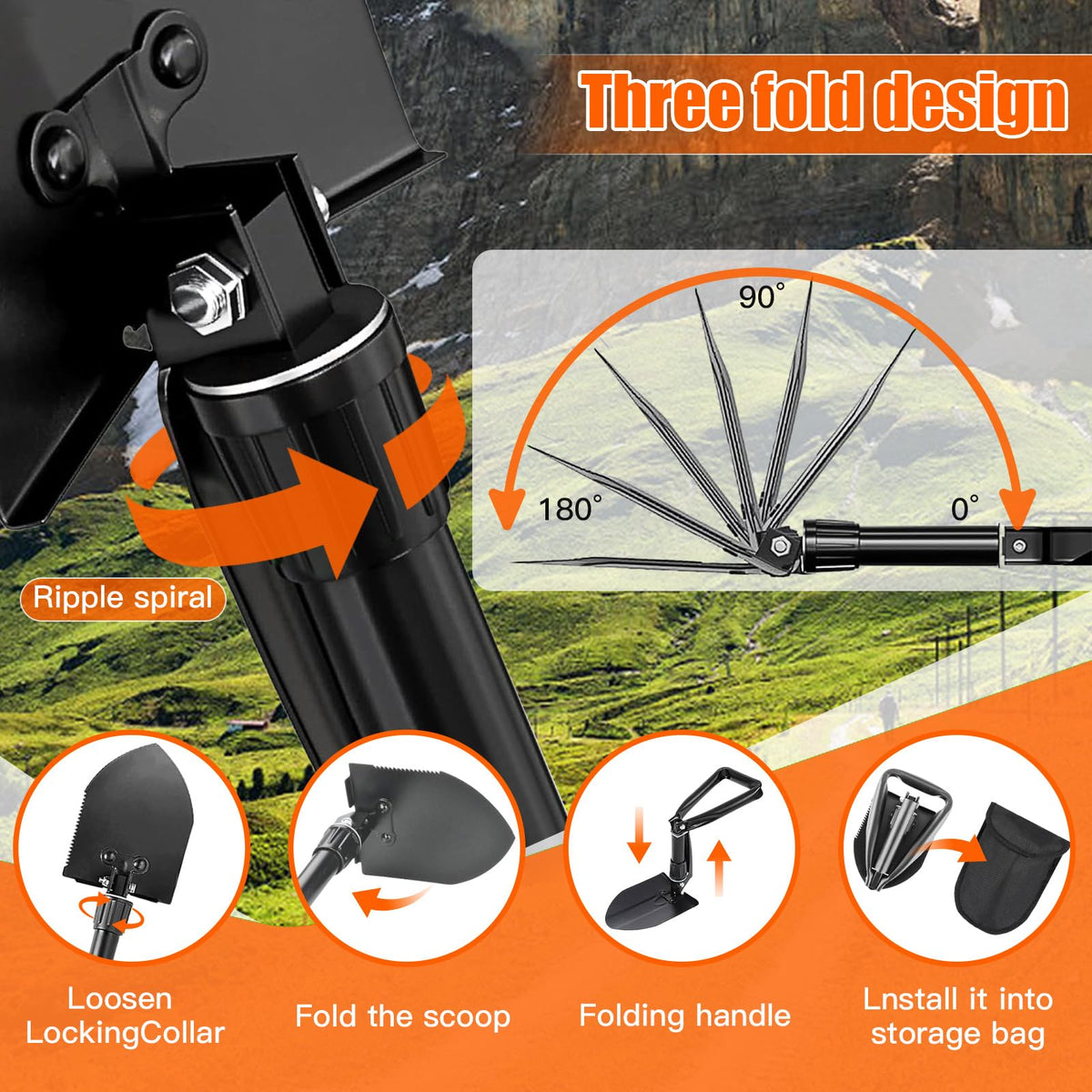 Outdoor Multi-use Folding Digging Shovel, 18.5 Inch Lightweight High Carbon Steel Spade with Ergonomic Grip, Ideal for Camping, Trekking, Yard Work & Unexpected Emergencies