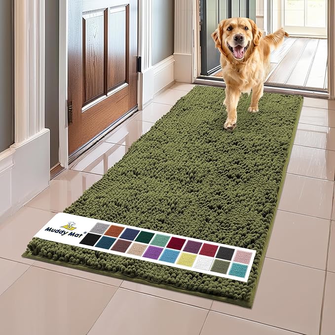 Muddy Mat® | Super Absorbent Door Mat Indoor, Microfiber Quick Dry Chenille Entryway Rug, Non-Slip Front Door Mat, Indoor Mats for Entryway, Machine Washable Pet Rug, Army Green 24"x60"