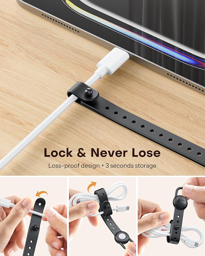 OMOTON Magnetic Cable Ties, 10 Pcs Reusable Silicone Wire Organizer Straps Adjustable Cord Clips for Phone Laptop Charging Cable USB Wired Earphone, Black