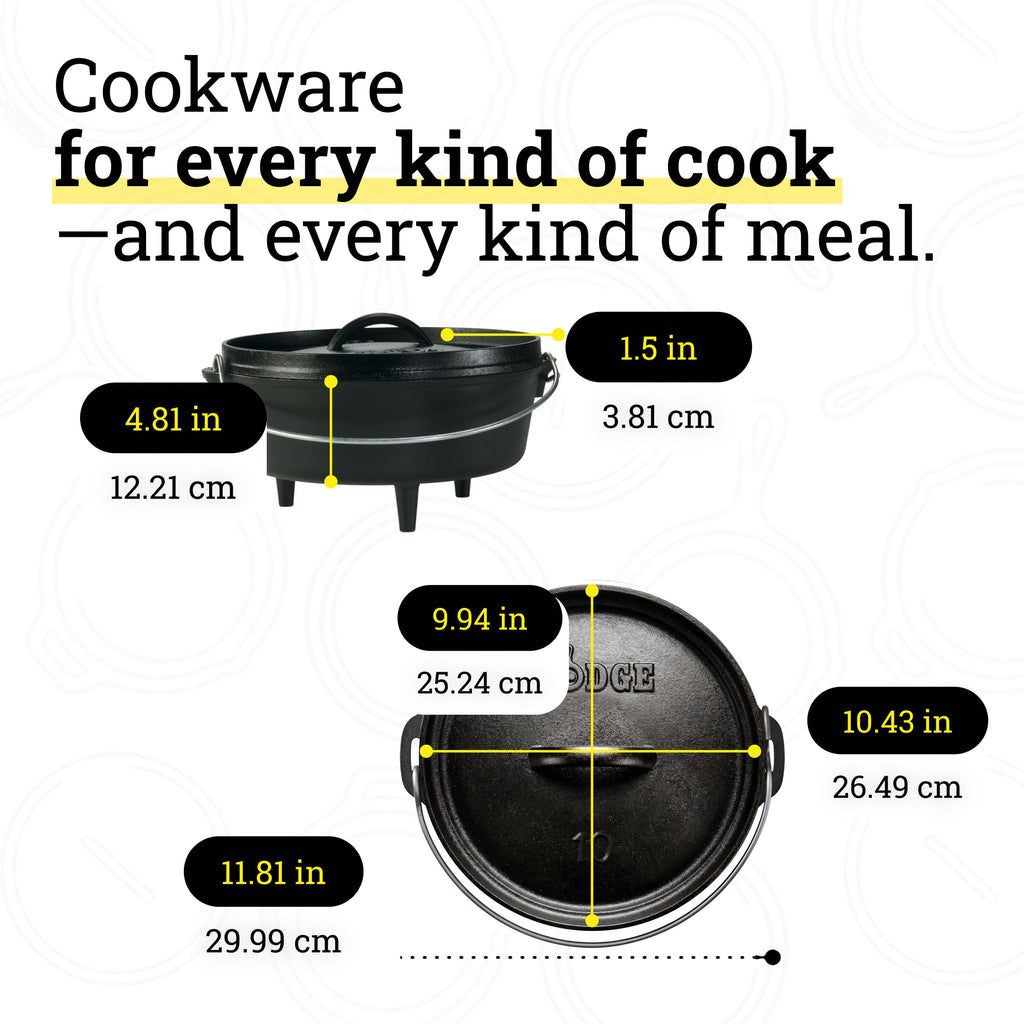 Lodge Seasoned Cast Iron Camp Dutch Oven with Lid - 4 Quart - Dual Handles - Seasoned Cast Iron Cookware with Steel Handle & Strong Lid for Heavy- Duty Camping Cookware