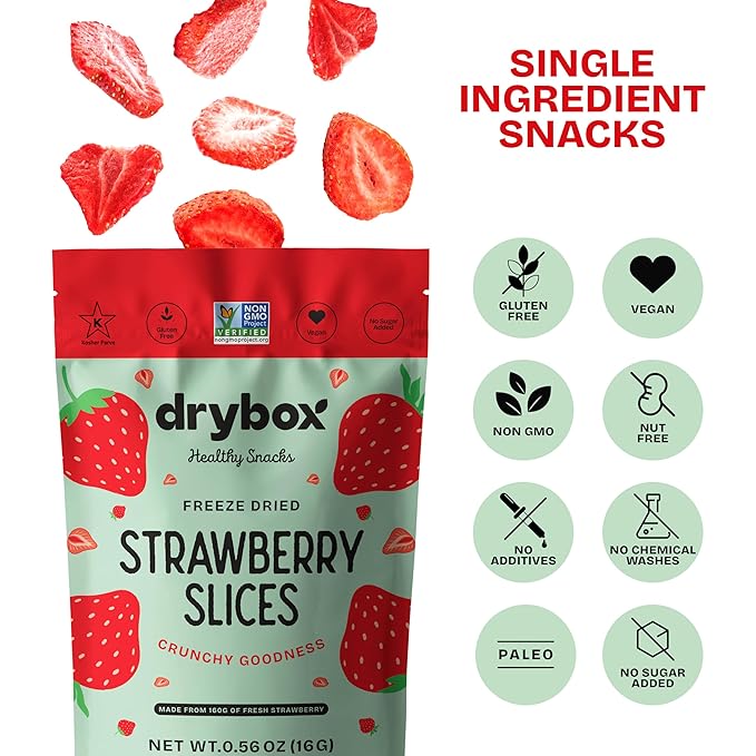 Drybox Freeze Dried Strawberries Sliced | 100% Natural Fruit | Freeze Dried Strawberry Source | No Sugar & Additives | Healthy Snack & Topping for Beverages or Recipes | Non-GMO, Vegan, Gluten Free, 0.56 oz 4 pack