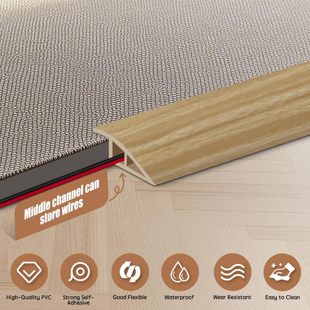 Floor Transition Strip Door Threshold 78" Floor Transition Reducer Trim on The Edges Threshold Strip Self Adhesive Suitable for Doorways (7 Foot)