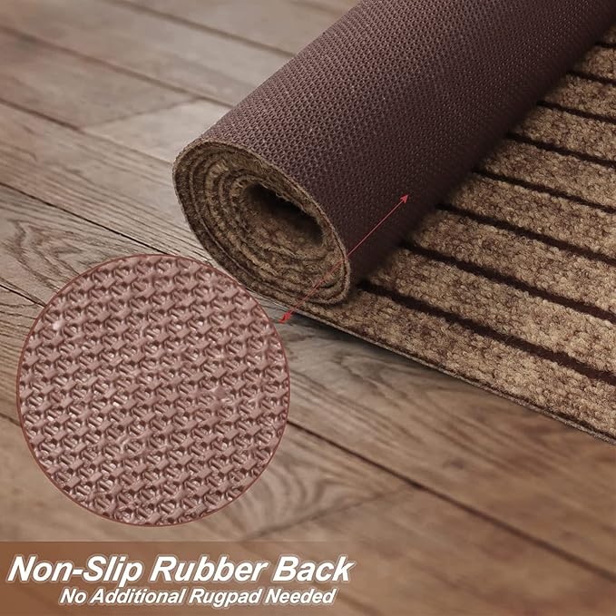 4' x 51' Runner Rugs with Rubber Backing, Indoor Outdoor Utility Carpet Runner Rugs, Stripe Brown, Can Be Used as Aisle for The RV and Boat, Laundry Room and Balcony