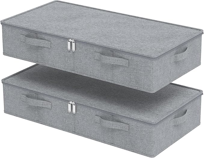 Underbed Storage Bin, Foldable Under Bed Flat Baskets Organizer, Container boxes with Lid for Organizing Clothes, Sheets, Blankets, Comforter, 31.4x15.7x5.9in, Grey, 2 Pack