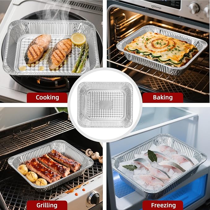 Aluminum Pans Half Size, 9x13, Heavy Duty Disposable Foil Pans for Baking, Roasting, Cooking, Heating, Storing, Deep Tin Foil Bakeware for Oven, Steam Table Tray, Cookware, Food Prepping (60 Pack)
