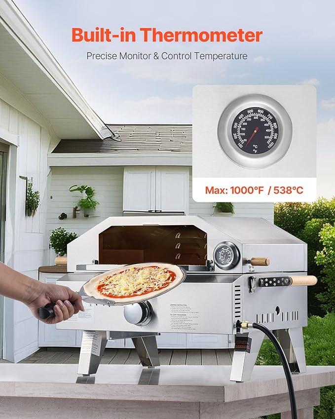 VEVOR 2 IN 1 Outdoor Pizza Oven, 13 in Propane Pizza Oven & Grill, 12,000 BTU Tabletop Propane Gas Oven with Pizza-Stone, Thermometer, Stainless Steel Portable Grill, for Camping & Backyard