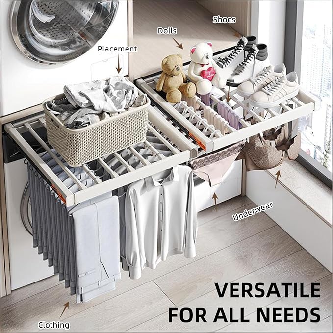 Hidden Pull Out Drying Rack, Extendable Pull Out Trousers Rack, Space Saving, Above Washing Machine Wardrobe, Aluminum Alloy, Tip-On, Depth 17.32in Width 26-28in White
