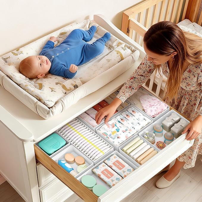 DIMJ Drawer Organizer Clothes Storage - 18 Pack Baby Dresser Organizer for Nursery, Foldable Drawer Dividers for Bedroom Closet Organization, Fabric Storage Bins for Socks, Underwears, Bras