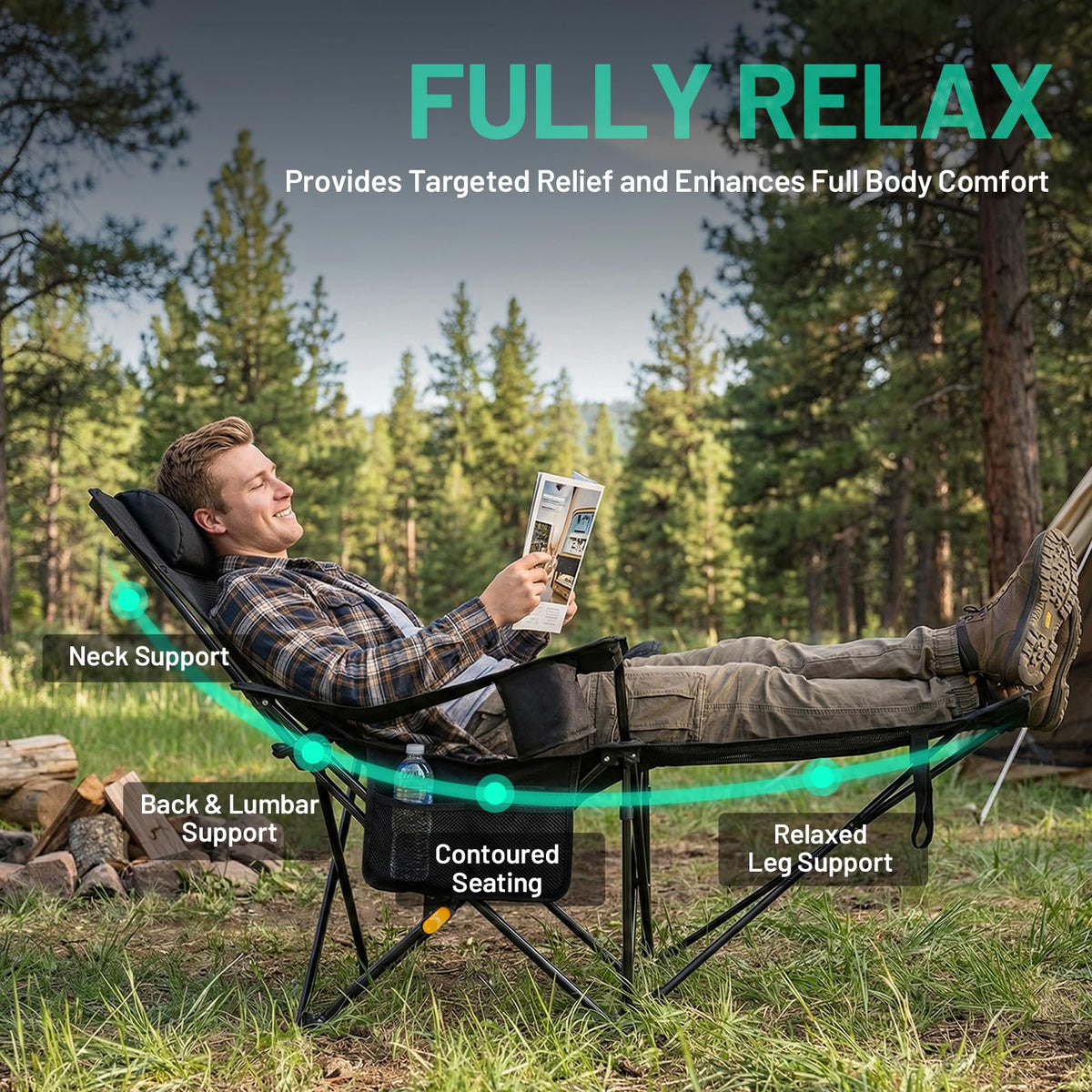 Overmont Reclining Camping Chair with Footrest - 4-Position Adjustable Backrest Lightweight Folding Lounge Chair for Adults with Pillow Carry Bag - Support 300LBS Portable for Outdoor Beach Lawn Patio