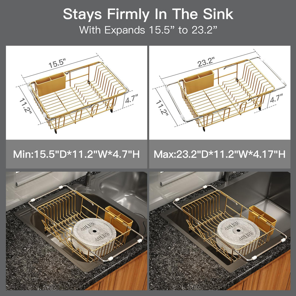 Gold Dish Drying Rack Over The Sink with Utensil Holder