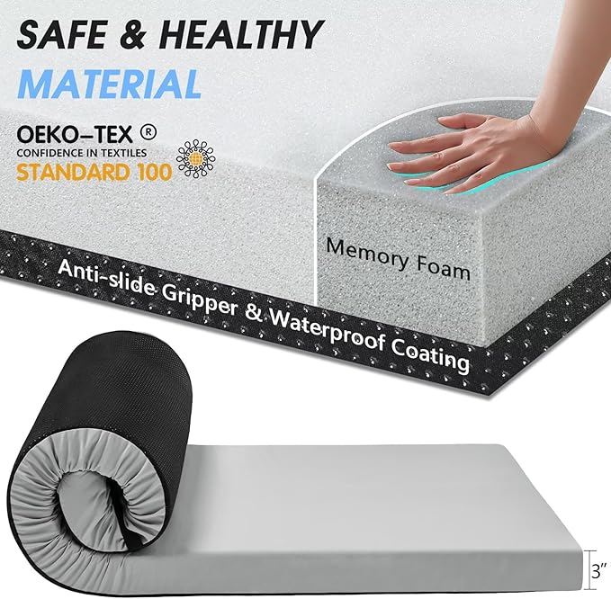 CYMULA Memory Foam Camping Mattress Pad,3inch Sleeping Pad for Camping,Non-Slip Bottom Floor Cot Car Mattress Bed with Retaining Portable Roll up Mattress Pad Mat for Travel Truck Guest Bed Tent