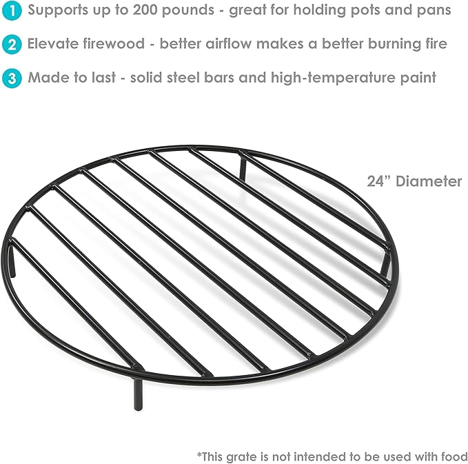 Sunnydaze Round Fire Pit Grate - Elevated Wood Grate for Fire Pit - Heavy-Duty Steel Log Grate for Outside - 24-Inch