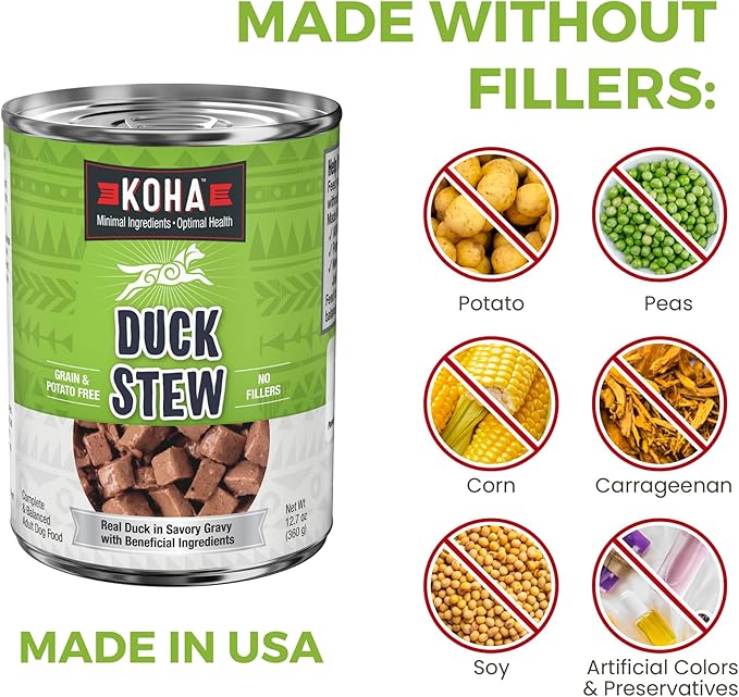 KOHA Minimal Ingredient Duck Stew for Dogs, High Protein Limited Ingredient Dog Food, 12.7oz Cans (Case of 12)
