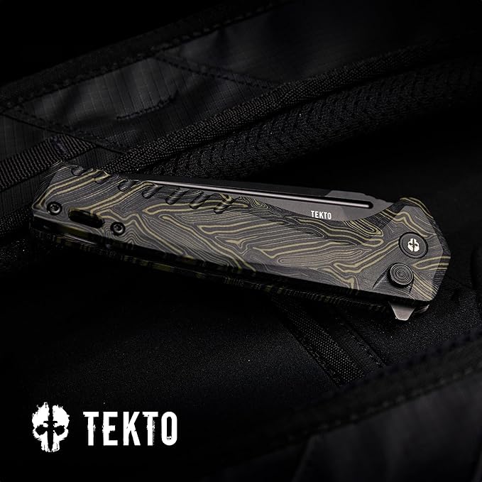F3 Charlie Button Lock Folding Knife, Oversized Fine Edge Blade, Tactical Damascus G10 Handle - Easy Open Pocket Knife with Titanium Coated D2 Steel & Black Titanium Barrel Spacers