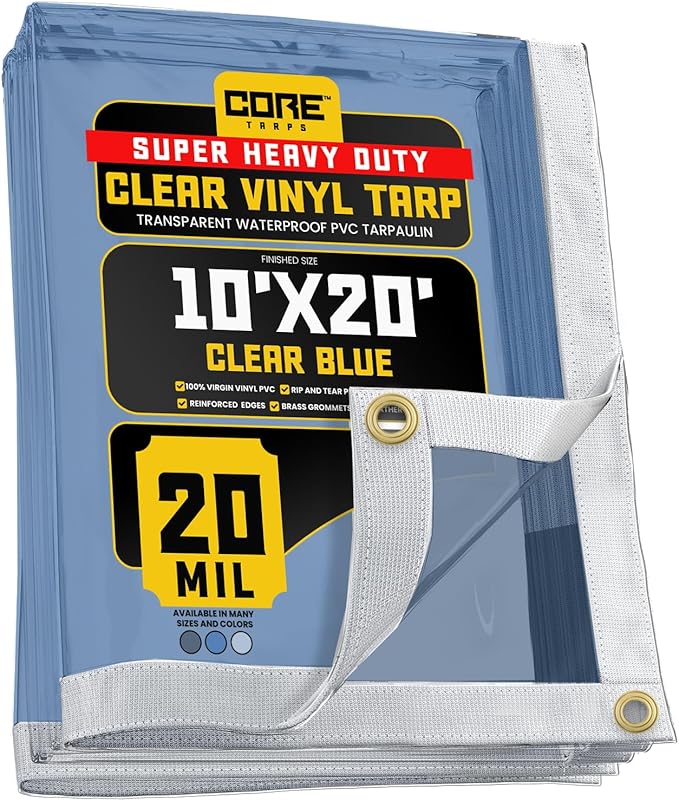 Core Tarps 20 Mil Extreme Heavy Duty Clear Tarp with Gromments - 10x20ft Super Clear Tarps Heavy Duty Waterproof Vinyl Tarpaulin, Transparent Tarp for Outdoor, Camping & Construction, Clear Blue