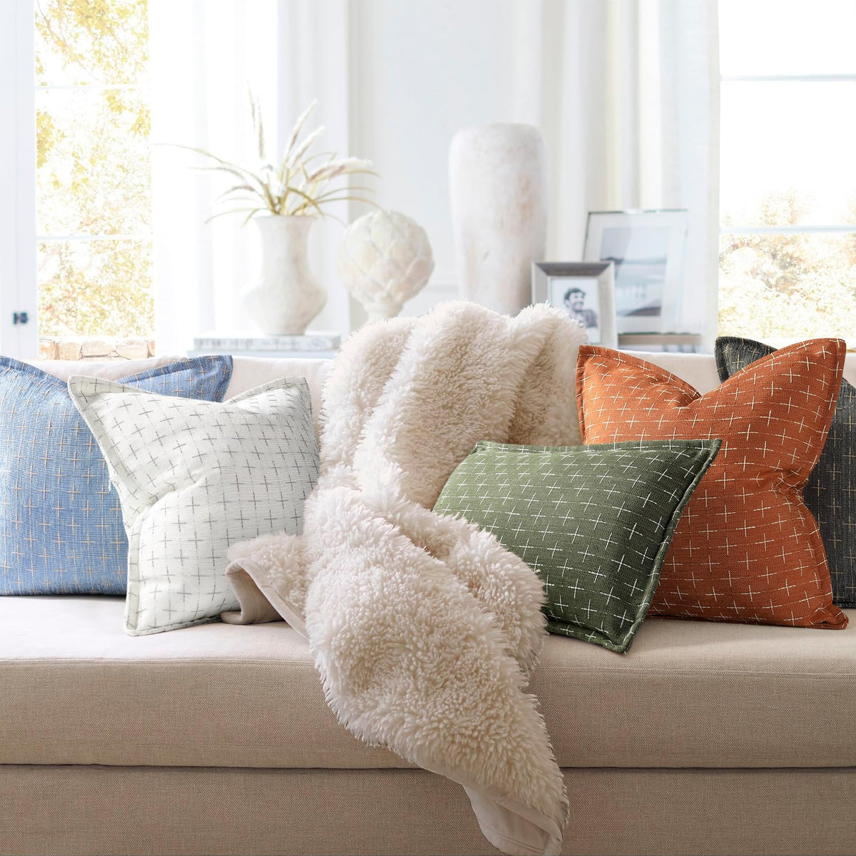 Pillow Covers 22x22 Set of 2 Soft Polyester Textured Pillow Covers with Stylish Flange Edge Cozy Farmhouse Throw Pillows for Couch Bed Sofa Living Room (2 Count)