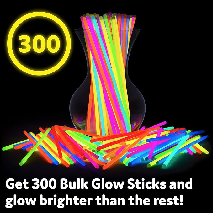 PartySticks Ultra Bright Glow Sticks Bulk Party Supplies 300 Pack - 8" Glow in the Dark Light Up Halloween Party Favors, Glow Decorations, Neon Party Necklaces and Bracelets with Connectors