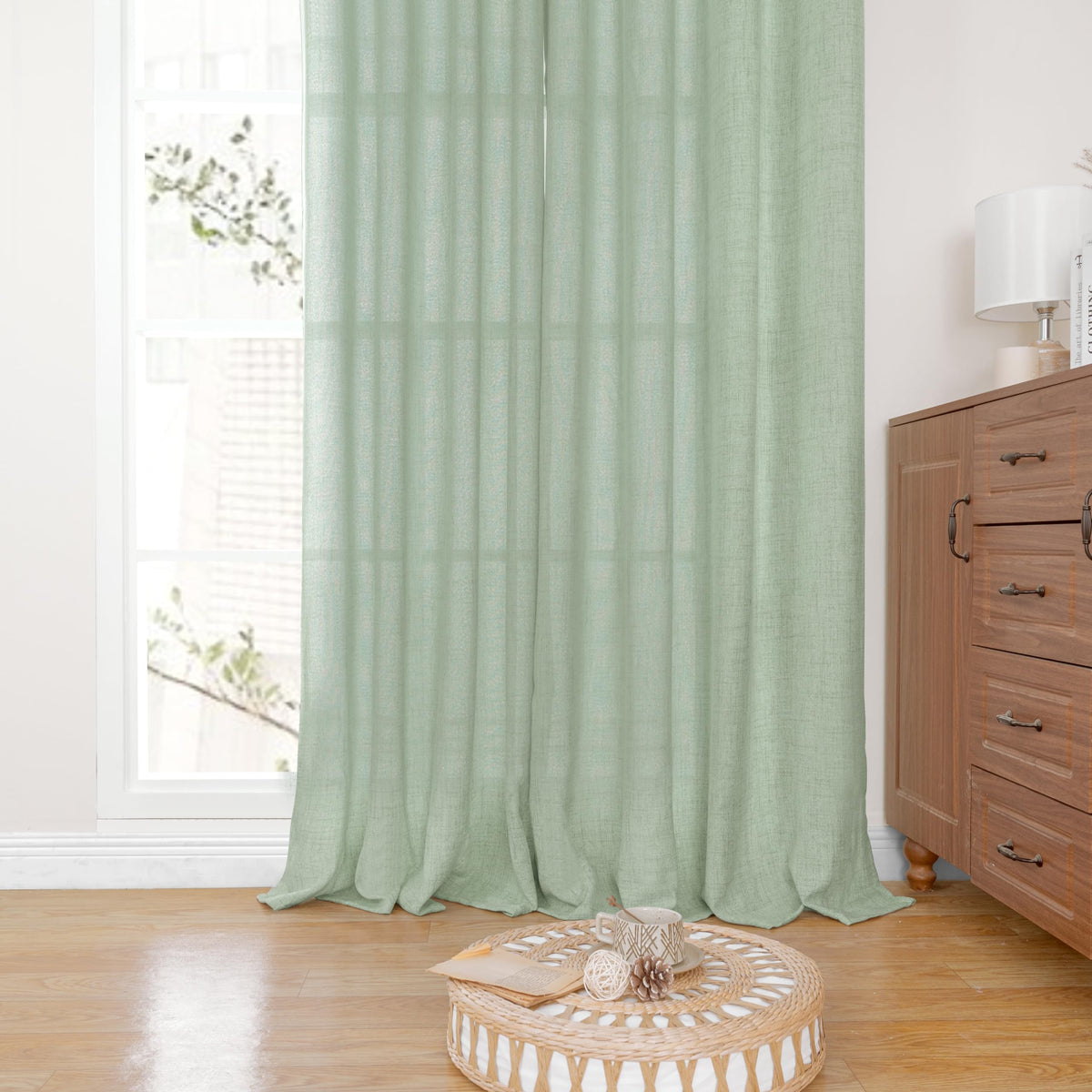 Sage Green Linen Curtains 54 Inch Length for Living Room Window (2 Count)