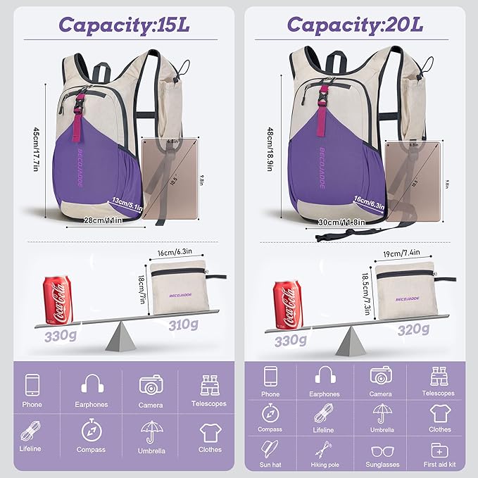 20L Small Hiking Backpack for Men Women Foldable Packable Back Pack Ultralight Hiking Daypack for Travel Camping Outdoor, Beige Purple