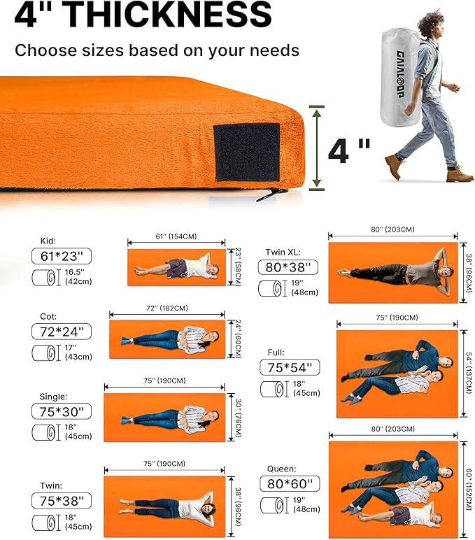 4 INCH Thick Foam Camping Mattress [Car/Tent/Cot] 30D Foam Portable Floor Sleeping Mat Cot Pad Roll Up Mattress for Guests Sleepovers RV Truck Camper
