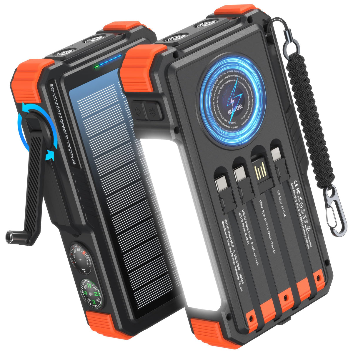 BLAVOR Solar Power Bank with Hand Crank and 4 Cables, 20000mAh Wireless Portable Charger with USB C & Camping Light, 20W Fast Charging Battery Pack for iPhone, iPad, Samsung, All Mobile Phones