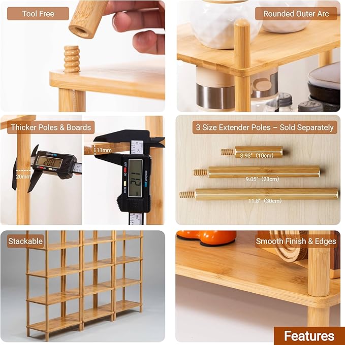 4-Tier Expandable Bamboo Desktop Organizer Shelf Kitchen Cabinet and Counter Riser Display Shelf for Top of Desk Home Office Bathroom Coffee Table Display Stand,Natural
