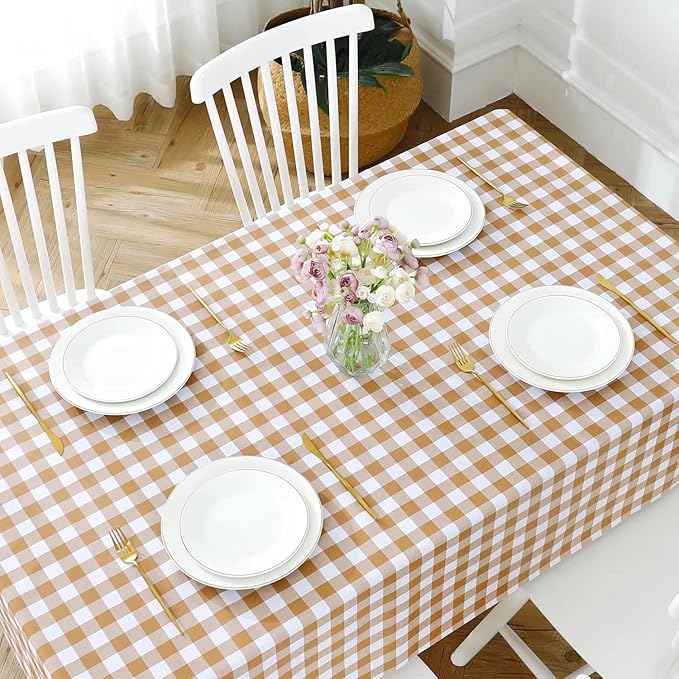 Romanstile Rectangle Vinyl Tablecloth, 100% Waterproof Buffalo Gingham Plastic Table Cloth, Heavy Duty Wipeable Checkered Table Covers for Outdoor, Camping, Picnic, Patio - 54 x 78, Coffee and White