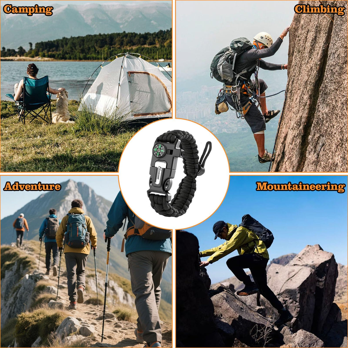 NVioAsport Paracord Survival Bracelet (3 Pack) - Adjustable with Fire Starter, Whistle, Compass - Survival Gear for Hiking, Camping, Fishing, Gifts for Men Dad Husband