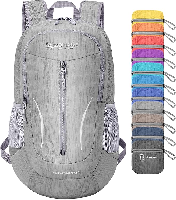 ZOMAKE 25L Ultra Lightweight Packable Backpack, Foldable Hiking Backpacks Water Resistant Small Folding Daypack for Travel(Silver Gray)