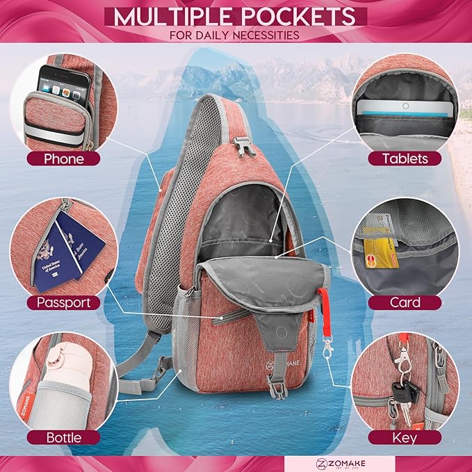 ZOMAKE Sling Bag,Small Crossbody Sling Backpack,Water Resistant Shoulder Daypack for Travel,Anti Thief Chest Bag for Hiking(Orange)