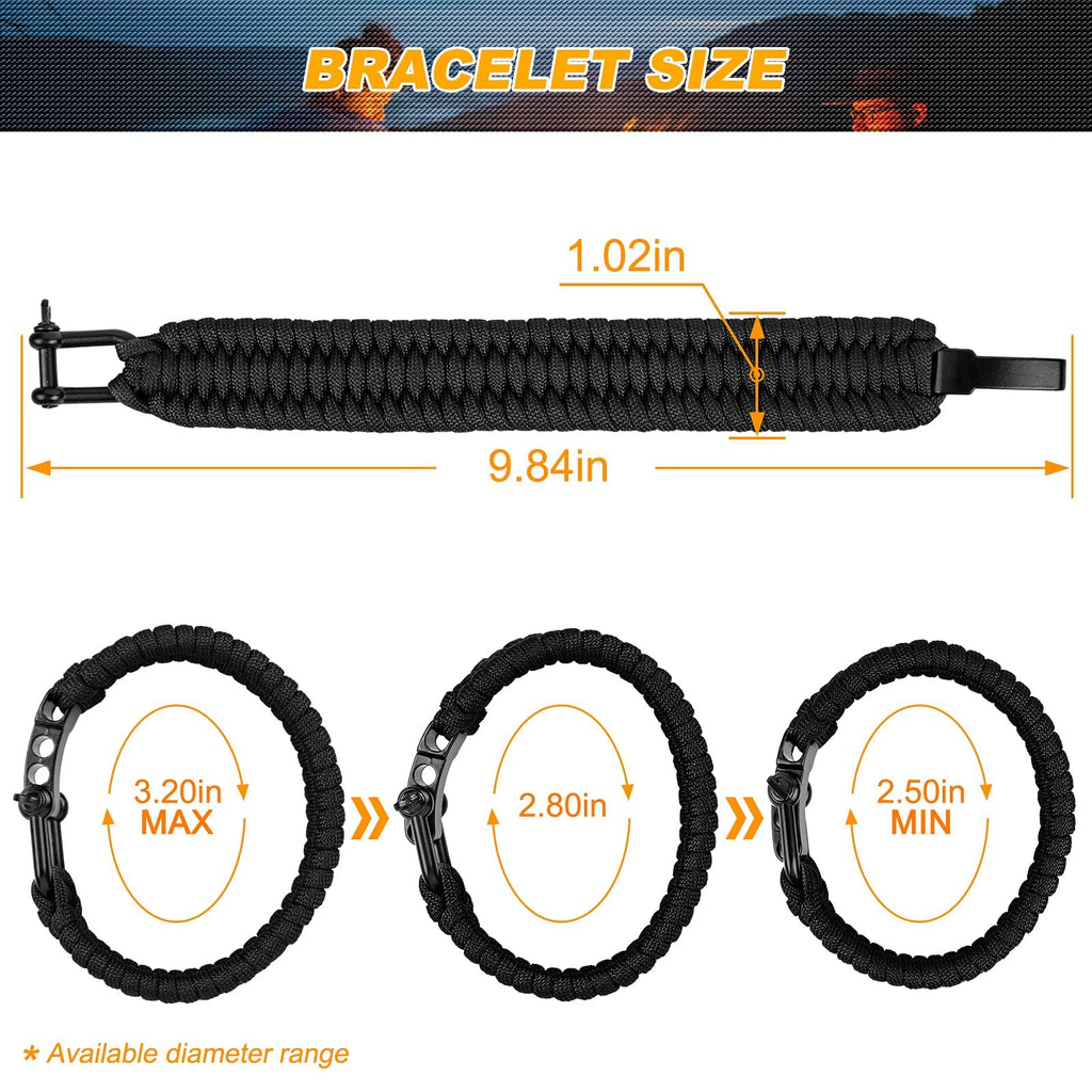 Oadnfa Survival Bracelet,Tactical Paracord Bracelet with Forged Stainless Steel U-Type Shackle Connection Three Holes Adjustable,Bearable 550 lb Disassembled Parachute Rope for Emergency(Black)