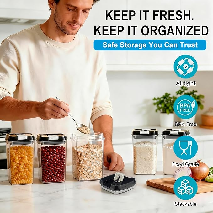5-Piece Airtight Food Storage Containers Set with Lids, BPA-Free Plastic Kitchen & Pantry Organization Canisters for Cereal, Pasta, Snacks, Flour, Sugar & Dry Foods