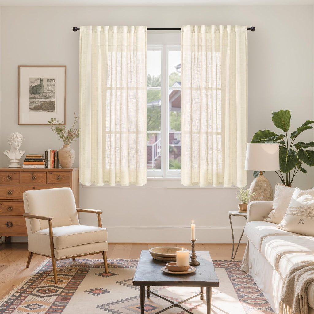 Linen Semi Sheer Curtains 48 Inch Length for Living Room Window (2 Count)