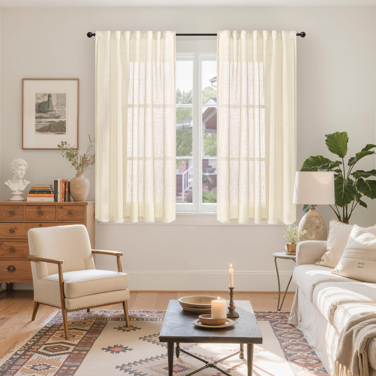 Linen Semi Sheer Curtains 48 Inch Length for Living Room Window (2 Count)