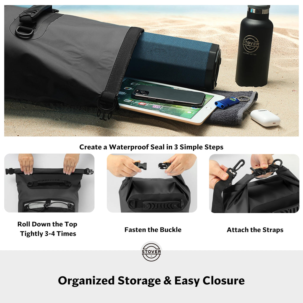 STOVER 5/10/25/30/40L Waterproof Dry Backpack & Phone Case- Large Floating Dry Bag for Kayaking, Travel, Hiking, Fishing, Camping, Motorcycles & Beach, Heavy-Duty Roll Top Men/Women (Black)