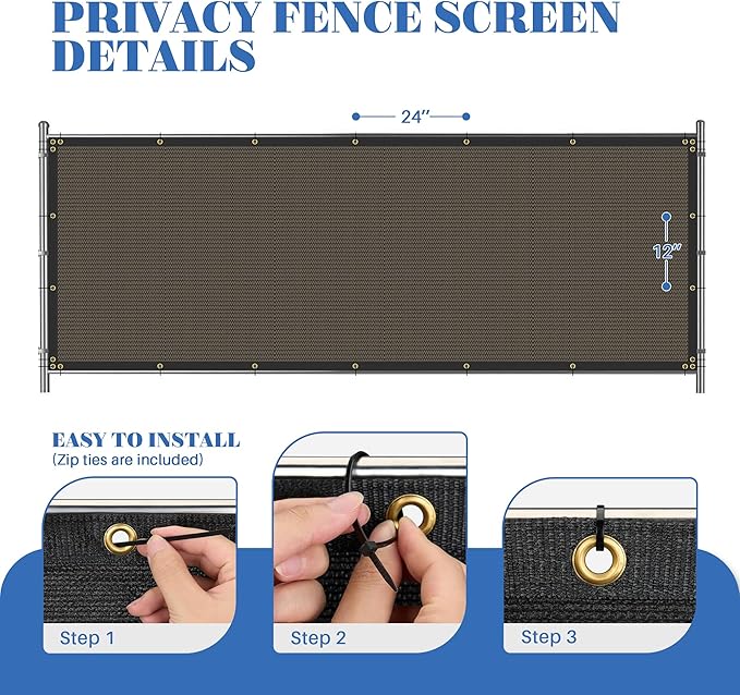 ECOOPTS 8'x204' Privacy Fence Screen Windscreen with Copper Grommets, Fit for Commercial Fence and Residential Garden Outdoor 90% UV Blockage, Cable Zip Ties Included (Brown)