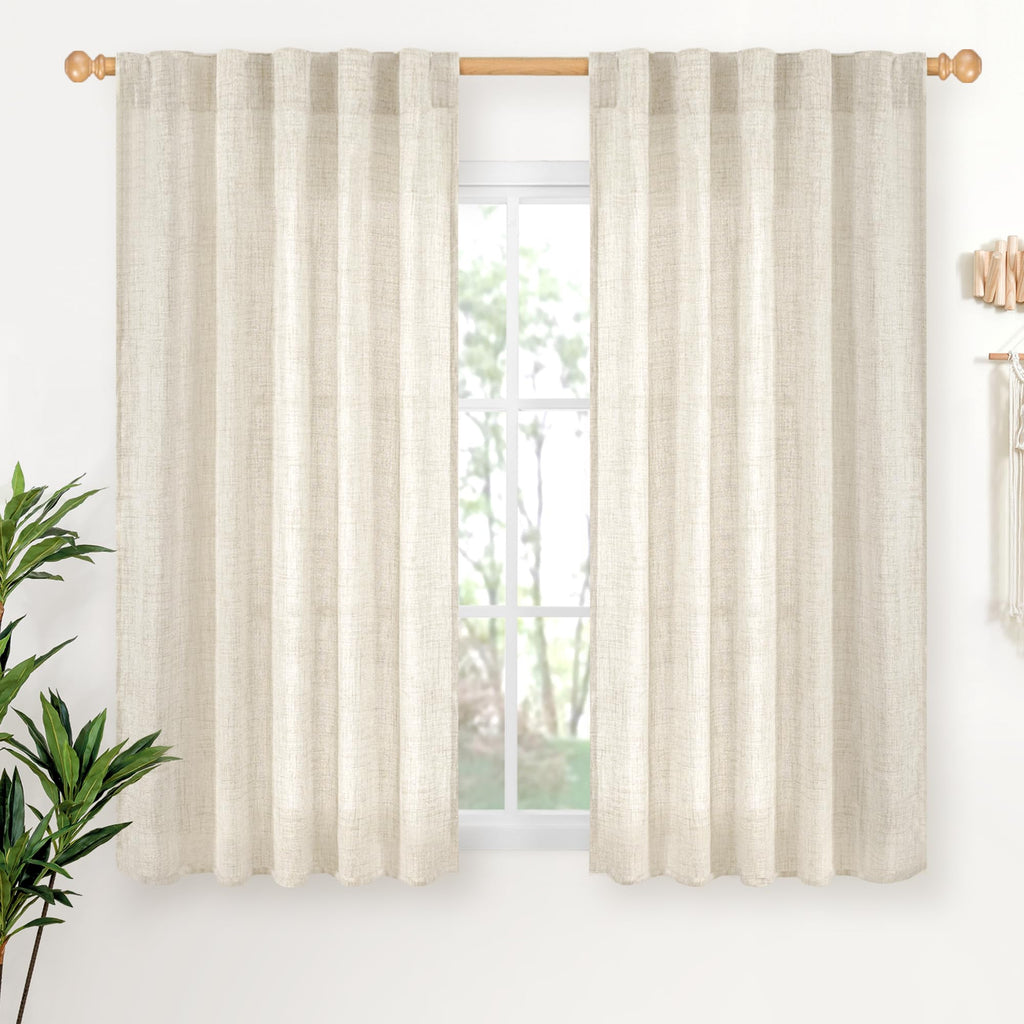 Linen Semi Sheer Curtains 45 Inch Length 2 Panels Set Rod Pocket (2 Count)